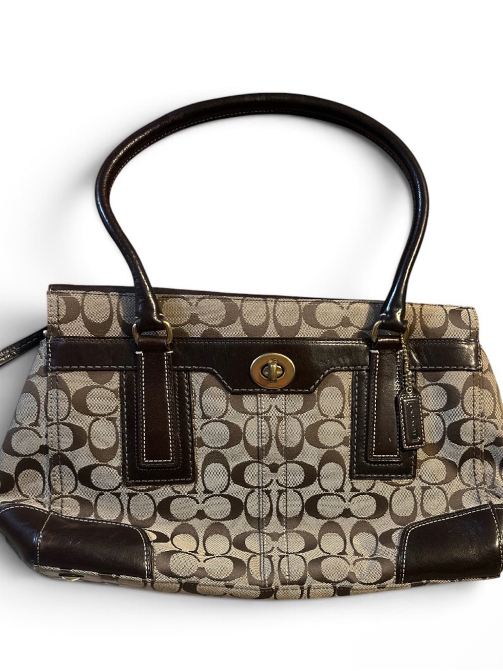 Coach Brown Signature Jacquard Shoulder Bag with Dark Leather Trim